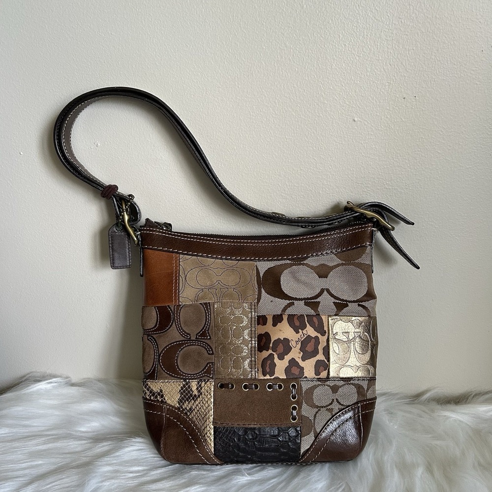 Coach Vintage Patchwork Animal Print Brown Canvas Leather Hobo Bag Excellent - Picture 2 of 8